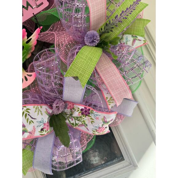 Welcome Hummingbird Mesh Ribbon Spring & Summer Wreath Door Hanger Home Decor - Picture 5 of 8